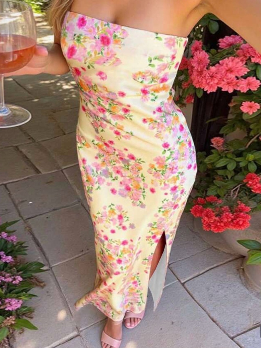 Strapless Cream Floral Midi Dress with Side Slit